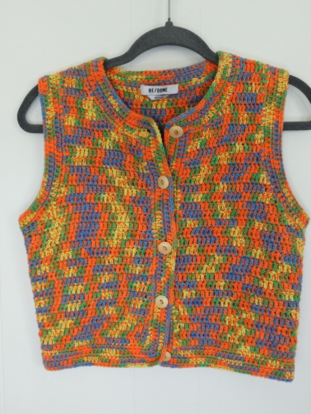 Re/Done Multicolor Crochet Vest in Orange, Green & Blue 100% Cotton Small
